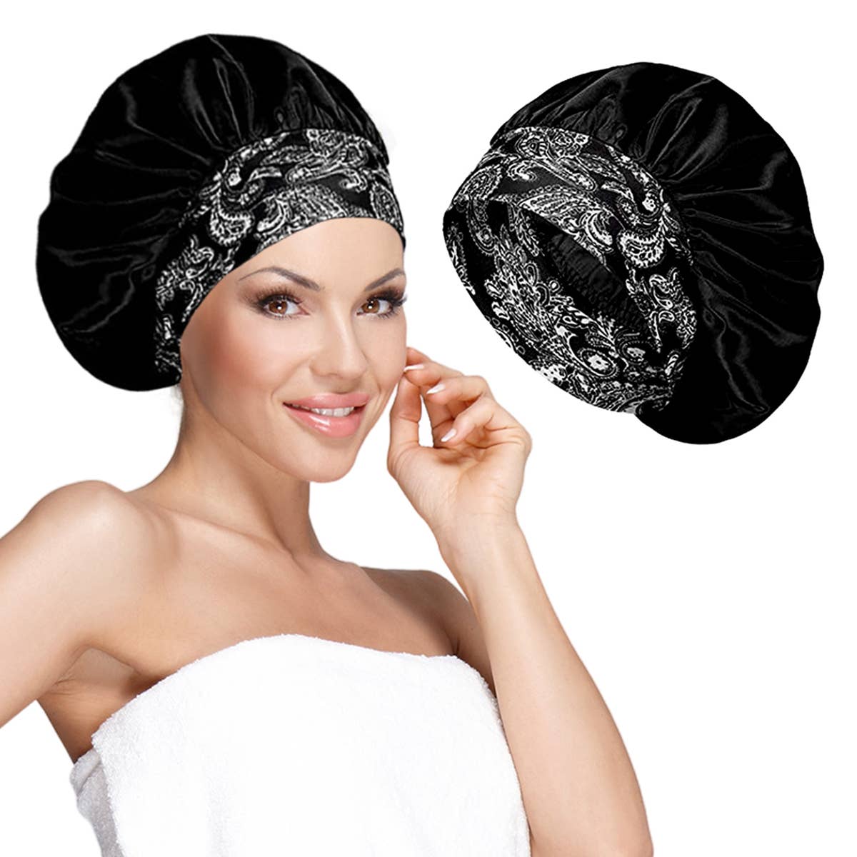 Wide Band Satin Bonnet Cap - Black